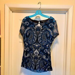INC Blue/black paisley short sleeve blouse/top, Size L
